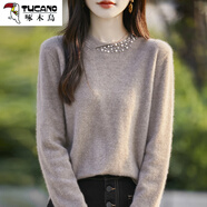 啄木鳥(niǎo)（TUCANO）2025洋氣釘珠小香風(fēng)針織衫女圓領(lǐng)套頭打底衫寬松顯瘦秋冬低領(lǐng)毛衣 駝色 S