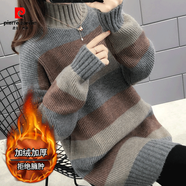 皮爾卡丹（pierre cardin）加絨加厚毛衣外套女秋冬新款中長款半高領(lǐng)打底裙外穿針織衫上衣潮 咖啡色(春秋款) S