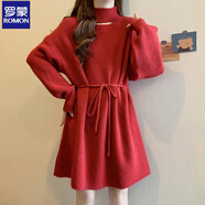 羅蒙美拉德半高領毛衣裙女春秋大碼胖mm收腰顯瘦打底針織連衣裙 紅色毛衣裙今年流行的漂亮/超洋氣小衫/設計感小眾/法 L 【建議100-120斤】