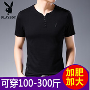 花花公子（PLAYBOY）無標(biāo)優(yōu)品v領(lǐng)t恤男冰絲加肥加大碼男裝短袖恤年中青年胖人冰絲恤衫 黑色 2906夏季短袖 M 165/ (建議100-1b