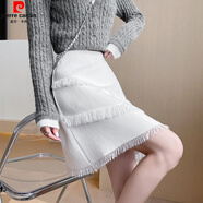 皮爾卡丹秋冬款流蘇針織半身裙女設計感高腰修身a字包臀裙小個(gè)子毛線(xiàn)短裙 白色 M 建議95-105斤