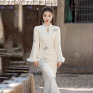 女士外套修身型新中式旗袍披肩外套留洋千金開(kāi)衫斗篷國風(fēng)修身少女 蓮花塢旗袍【魚(yú)尾版加絨款 兔毛邊】 S