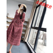 小紅書(shū)爆款【新品】日本日系原單尾貨女撿漏印花系帶棉麻短袖連衣裙 紅色(少量現貨) XL [建議120-135斤]