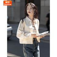 婍妡設(shè)計(jì)感小眾短外套復(fù)古長(zhǎng)袖襯衫2025春季簡(jiǎn)約純色短款小個(gè)子襯衣女 杏色_高端面料 S _85-100