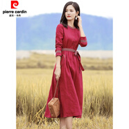 皮爾卡丹（pierre cardin）春秋季亞麻復(fù)古紅色長袖連衣裙女裝氣質(zhì)減齡中長裙收腰系帶大擺裙 圖片色 M 【100斤以下】