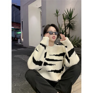GOCHIEI2025秋冬新款港式斑馬印花針織衫女士圓領(lǐng)慵懶風(fēng)格寬松修身針織衫 白色 XL