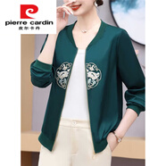 皮爾卡丹（pierre cardin）女士秋薄款刺繡短外套時(shí)尚洋氣緞面夾克衫國(guó)風(fēng)休閑百搭長(zhǎng)袖上衣 綠色 2402 XL 建議85-105斤