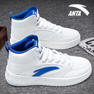 安踏高幫鞋男正品冬季新款韓版中幫皮面男鞋厚底潮流運動(dòng)板鞋男款 -2象牙白/藍 41