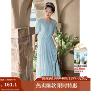 茵曼（INMAN）法式薄荷曼波連衣裙2024夏女裝新品V領(lǐng)燈籠袖抽繩 紺藍(lán)色 M