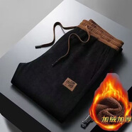 鵲笙男士加絨加厚燈芯絨休閑褲冬季潮流國風(fēng)保暖歐米絨刺繡寬松直筒褲 黑色【加絨款-單件裝】 M 【建議80-100斤左右】