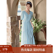 茵曼（INMAN）法式薄荷曼波連衣裙2024夏女裝新品V領(lǐng)燈籠袖抽繩 紺藍(lán)色 L