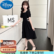迪士尼（Disney）女童洋氣收腰短袖連衣裙夏裝2025新款兒童中大童公主裙童裝裙子潮 黑色 160 (建議1.55米以下)