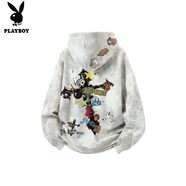 花花公子（PLAYBOY）秋冬季新款扎染滿(mǎn)天星美式復古潑墨十字架印花上衣連帽長(cháng)袖衛衣 白灰 加絨 L