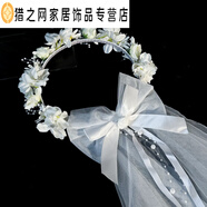 新娘婚禮花環(huán)頭紗公主皇冠蝴蝶結(jié)發(fā)帶粉色玫瑰花瓣網(wǎng)紗派對 白色