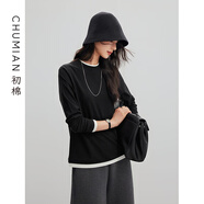 初棉假兩件加絨保暖長袖T恤女冬季疊穿設(shè)計(jì)感灰色內(nèi)搭正肩打底衫 黑色 M