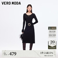 VEROMODA新品連衣裙25秋冬蕾絲拼接喇叭袖修身針織裙顯瘦裙子 黑色 2XL