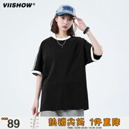 viishow純棉新款日系條紋校園風短袖T恤男2025夏季寬松青少年百搭半袖 黑色 L