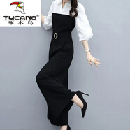 啄木鳥(niǎo)（TUCANO）春秋連體褲女2025春款新款韓版時(shí)尚休閑黑色連衣褲高腰闊腿褲套裝 黑色拼接白色【347款】 S 【建議80-95斤】