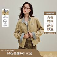 茵曼撞色格紋立領(lǐng)純棉刺繡外套2025秋女裝新款夾克上衣 卡其色 L