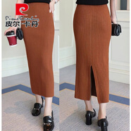 皮爾卡丹（pierre cardin）中長款針織半身裙一步裙包臀裙女秋冬季高腰長裙加厚開叉毛線裙子 卡其色 S