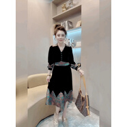 CXXPO覆古民族風(fēng)金絲絨V領(lǐng)連衣裙女設(shè)計(jì)感收腰過膝長裙雪紡拼絲絨A字裙 黑色連衣裙 L 85-108斤