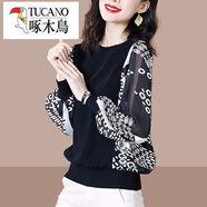 啄木鳥(niǎo)（TUCANO）長(cháng)袖t恤女雪紡打底衫2025春秋季新品寬松大尺碼女裝洋派媽a媽減齡 黑色 XL 105-120斤