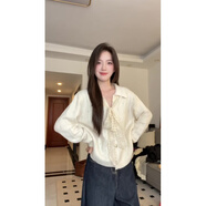 園翌韓系秋冬穿搭蕾絲系帶毛衣女2025時(shí)尚洋氣減齡鏤空針織衫開(kāi)衫上衣 白色 M 建議50-55kg
