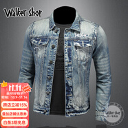 Walker Shop 牛仔夾克男潮流春秋季休閑百搭修身男士外套歐洲風(fēng)刺繡牛仔上衣 7162藍色 4XL 165-180斤