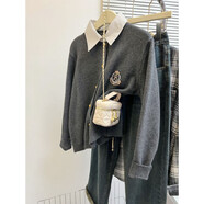 俞兆林（YUZHAOLIN）假兩件套頭針織毛衣女2025秋冬新款加厚上衣短款襯衫領(lǐng)內搭打底衫 深灰色 M