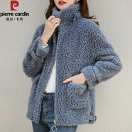 皮爾卡丹2025新款冬裝顆粒羊剪絨大衣皮毛外套一體短款海寧羊毛羔皮草女潮 霧霾藍 S ( 90-105斤 )