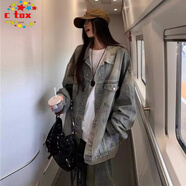 CTOX2025休閑廓形復古磨破水洗做舊藍色牛仔外套女秋冬寬松夾克上衣女 做舊藍 M (110-135斤)