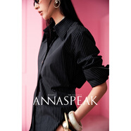 ANNASPEAKGentleLady長(cháng)絨棉條紋翻領(lǐng)收腰襯衫/A擺半身裙夏季新款 燕尾服黑襯衫 S