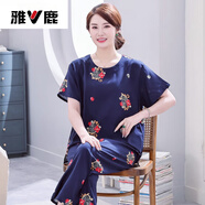 雅鹿中老年人造棉綢睡衣女士夏季短袖綿綢可外穿媽媽套裝加大碼家居服 藏青如意花套裝 2XL 【115-130斤】