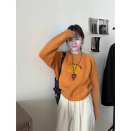 鴨鴨時尚刺繡橘子短款秋冬可愛套頭毛衣秋冬新款韓版寬松圓領毛衣 橘色 均碼