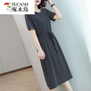 啄木鳥(niǎo)短袖T恤連衣裙女夏今年新款寬松顯瘦中長(cháng)款收腰條紋裙子女高級感 3010黑色細條紋 L 建議120-140斤