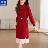 羅蒙（ROMON）韓版蕾絲針織連衣裙女洋氣減齡本命年紅色毛衣裙大碼內搭秋冬新款 紅色 3XL 建議135-145斤