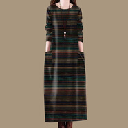 歐妤時(shí)尚高檔印花長(cháng)袖連衣裙春秋季女裝新款寬松氣質(zhì)圓領(lǐng)中年媽媽裝 綠橫條 L 建議100-110斤