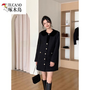 啄木鳥(niǎo)高檔高級感撞色小香風(fēng)細閃連衣裙女秋冬中長(cháng)款氣質(zhì)加厚小個(gè)子毛呢 黑色（羽絨） M 建議100-110斤