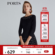 PORTS寶姿 商場同款新品女裝中袖印花針織連衣裙SL8K260KKY002 黑-漣漪粉混色 L