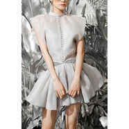 2025年夏季新款夏歐根紗連衣裙法式名媛設計感小眾立領(lǐng)褶皺短裙子 灰色171618 S S現貨