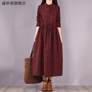 盛妙慈意大利原單余單女裝剪標碎花收長(cháng)袖亞麻棉麻連衣裙 暗紅色(少量) XL 建議125-140斤