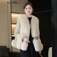卡搭（kraallda）品牌綿羊皮拼接狐貍毛皮毛一體皮草外套女短款真皮鵝絨羽絨服女 奶茶色 M 105-115斤