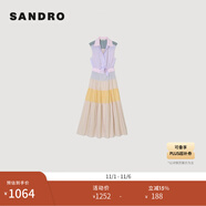 SANDRO博主同款春夏女裝法式優(yōu)雅棉質(zhì)條紋拼色長款系帶無袖連衣裙 MULT/多色 S