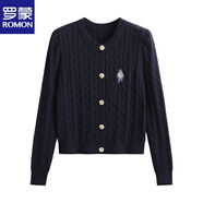 羅蒙（ROMON）韓版圓領(lǐng)麻花泡泡袖針織開(kāi)衫女秋季新款刺繡小熊長(cháng)袖毛衣短款外套 藏青色小熊 M (110斤內)