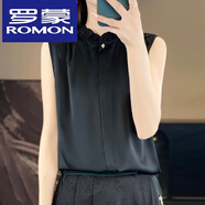 羅蒙（ROMON）絲綢真絲春夏季女裝新款緞面木耳邊圓領(lǐng)暗扣無(wú)袖襯衫純色上衣T恤 經(jīng)典黑 XL