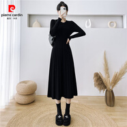 皮爾卡丹配大衣內搭長(cháng)袖針織裙連衣裙女秋冬中長(cháng)款氣質(zhì)百搭顯瘦打底毛衣裙 黑色 S 建議80-95體重