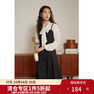 獨束[長短款]大碼女裝復古假兩件拼接連衣裙春季微胖mm高腰顯瘦A字裙 黑色-短款 M