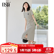 歐莎（OSA）圓領(lǐng)條紋連衣裙女夏季高級感捏褶收腰顯瘦小個子t恤裙中長款裙子 黑杏條紋 M