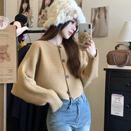 衣然呈品重磅毛衣女冬季新款美式高街潮牌寬松短款蝙蝠袖長(cháng)袖開(kāi)衫針織衫女 卡其色 均碼 【建議80-120斤】