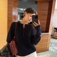 秋冬2025新款純色衫女75%山羊絨25%白廠(chǎng)絲半開(kāi)襟圓領(lǐng)羊絨毛衣 天湖藍 常規 L (165)